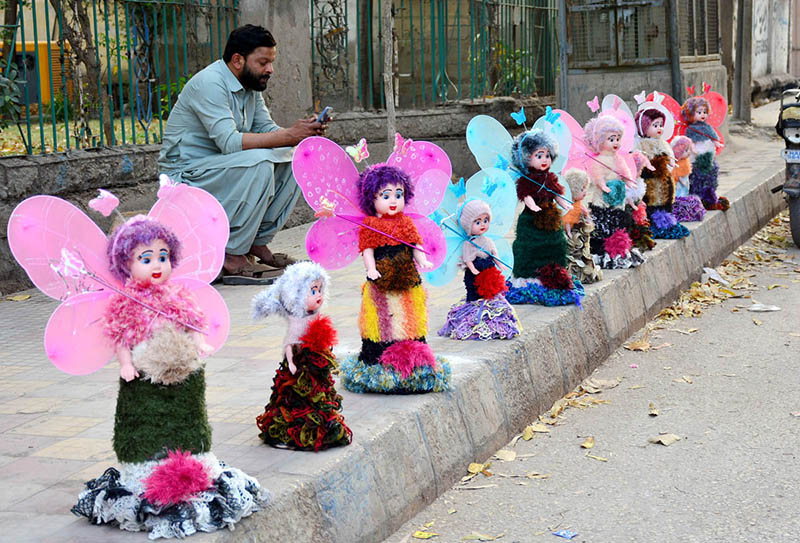 A vendor displaying the colorful dolls to attract the customers on the footpath at SSP office road