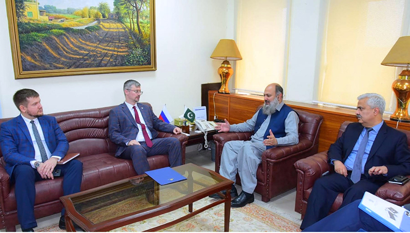 Russian Ambassador to Pakistan, Albert Khorev, engages in discussions with Federal Minister for Commerce, Jam Kamal Khan, aiming to enhance trade connectivity and tap into the true potential of bilateral trade.