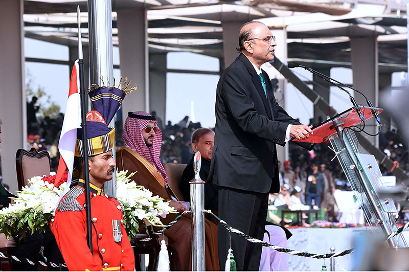 President Asif Ali Zardari addressing the Pakistan Day Parade ceremony, at Shakarparian Parade Ground