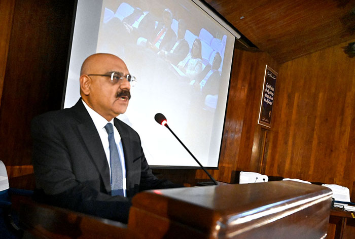 Managing Director PPIB Shah Jahan Mirza addressing at a workshop in collaboration with AFD, France on developing a robust mechanism for tariff-based bidding of hydropower projects in Pakistan at Administrative Staff College (WASC).