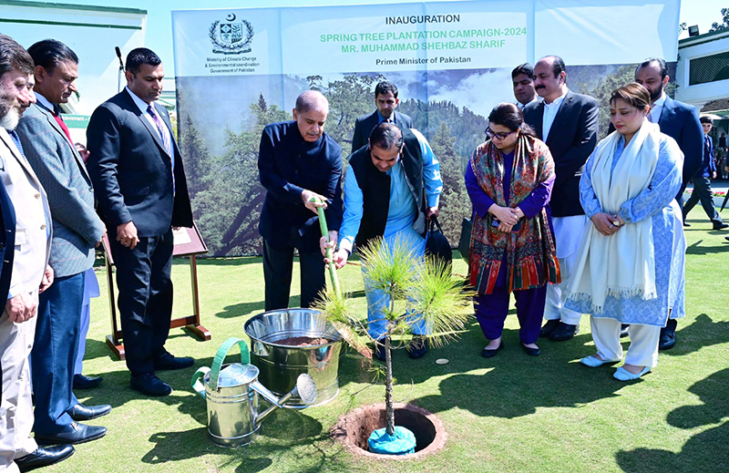 Prime Minister Muhammad Shehbaz Sharif plants a sapling to launch the Spring Tree Plantation Campaign 2024 in the federal capital.