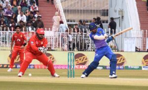 Multan Sultans batter Muhammad Rizwan play a shot during the Pakistan Super League (PSL 9) Twenty20 cricket match between Multan Sultans and Islamabad United at Pindi Cricket Stadium