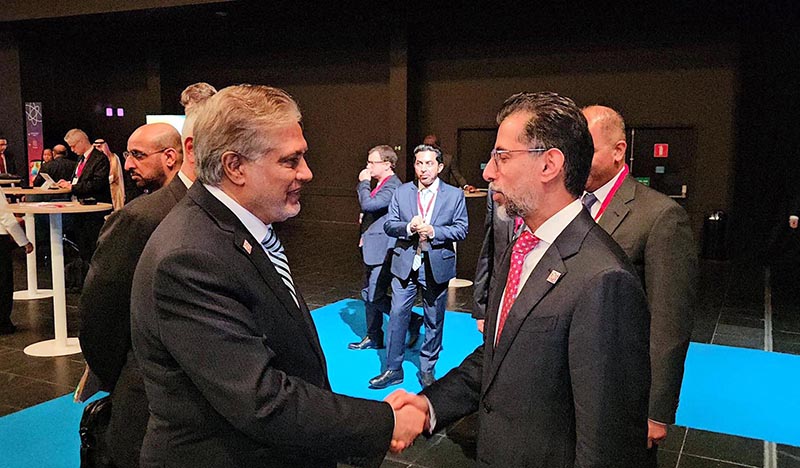 Foreign Minister Mohammad Ishaq Dar meets with the UAE Minister of Energy and Infrastructure, Almazrouel Suhail on the margins of the Nuclear Energy Summit in Brussels.