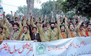 Kashif Raza Awan, Additional Deputy Commissioner is leading a rally to mark International Civil Defence Day at Zilla Council Chowk