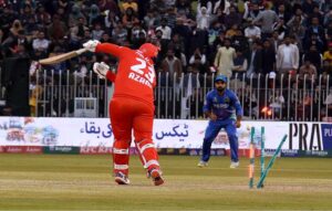 Multan Sultans batter Muhammad Rizwan play a shot during the Pakistan Super League (PSL 9) Twenty20 cricket match between Multan Sultans and Islamabad United at Pindi Cricket Stadium