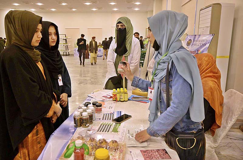 Students visiting different stalls during the Research Arena exhibition held at the University of Sargodha