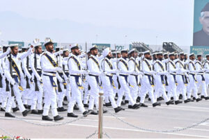 Pakistan Navy troops participate in Pakistan Day 2024 parade march past ceremony, at Shakarparian Parade Ground