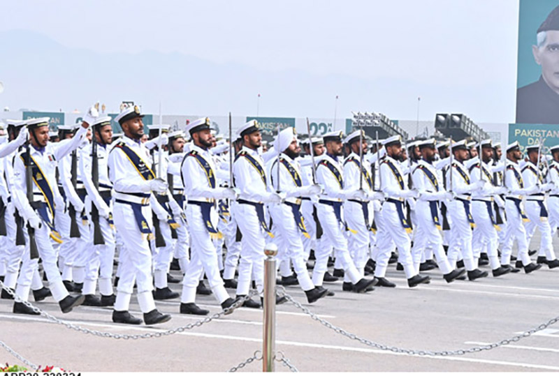 Pakistan Navy troops participate in Pakistan Day 2024 parade march past ceremony, at Shakarparian Parade Ground