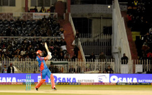 Karachi Kings batter, Kieron Pollard plays shot during the Pakistan Super League (PSL) Twenty20 cricket match at the Rawalpindi Cricket Stadium.