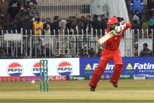 Islamabad United batter Shadab Khan Play a shot during the Pakistan Super League (PSL 9) Twenty20 cricket match between Multan Sultans and Islamabad United at Pindi Cricket Stadium