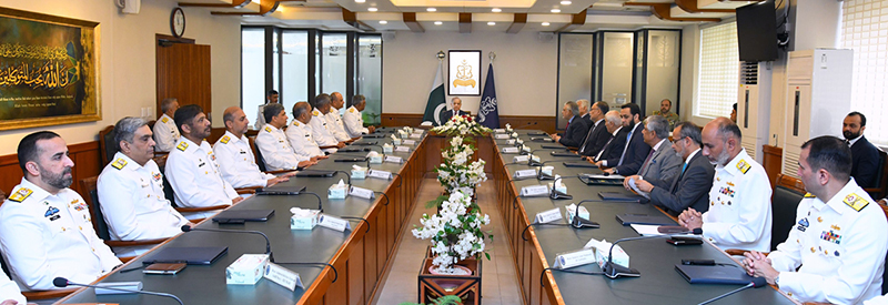 Prime Minister of Pakistan, Muhammad Shehbaz Sharif being briefed during visit to Naval Headquarters