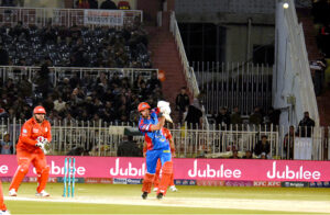 Karachi Kings batter, Kieron Pollard plays shot during the Pakistan Super League (PSL) Twenty20 cricket match at the Rawalpindi Cricket Stadium.