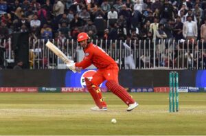 Islamabad United batter Shadab Khan Play a shot during the Pakistan Super League (PSL 9) Twenty20 cricket match between Multan Sultans and Islamabad United at Pindi Cricket Stadium