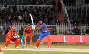 Karachi Kings batter, Kieron Pollard plays shot during the Pakistan Super League (PSL) Twenty20 cricket match at the Rawalpindi Cricket Stadium.