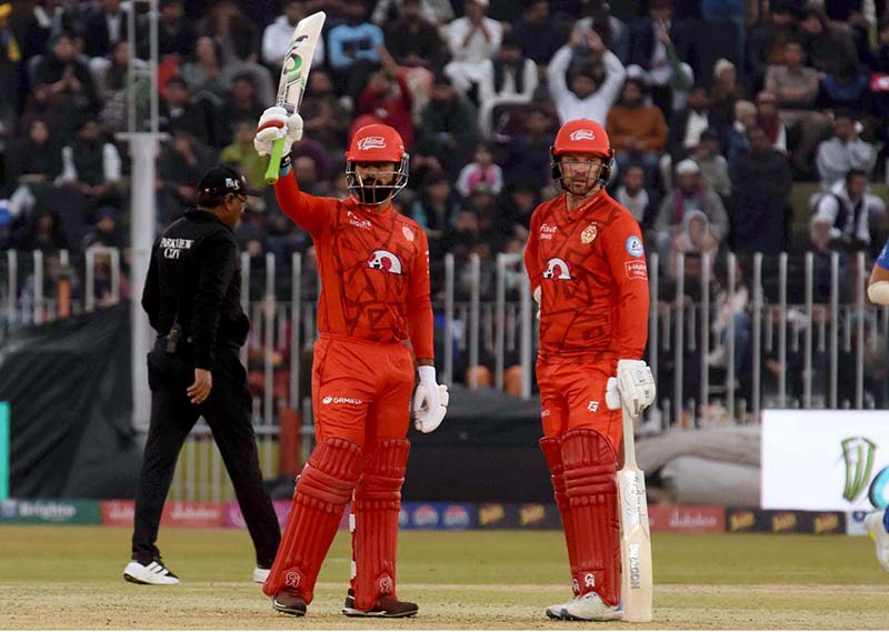 Islamabad United batter Shadab Khan Play a shot during the Pakistan Super League (PSL 9) Twenty20 cricket match between Multan Sultans and Islamabad United at Pindi Cricket Stadium