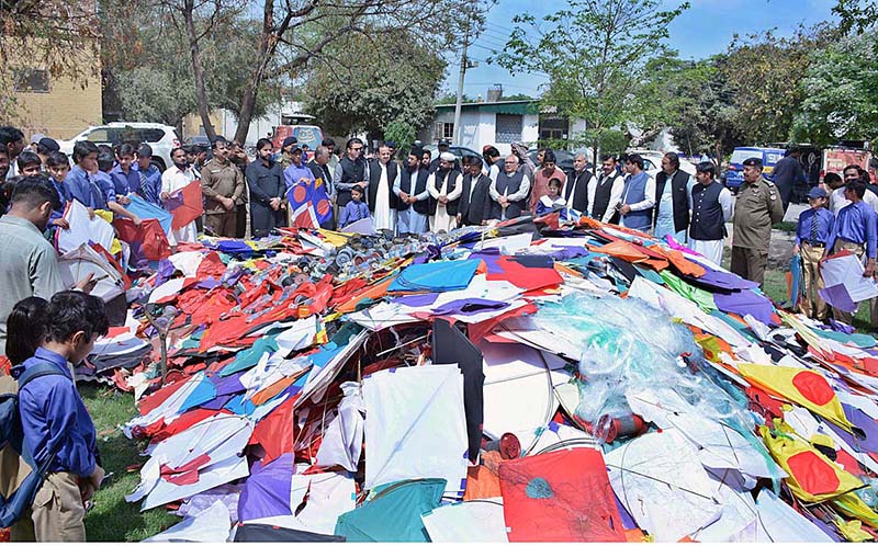 City Police Officer (CPO) Captain (Retired) Muhammad Ali Zia is monitoring the process of burning kites and string at Police Lines, during anti-kite-flying drive in the city.