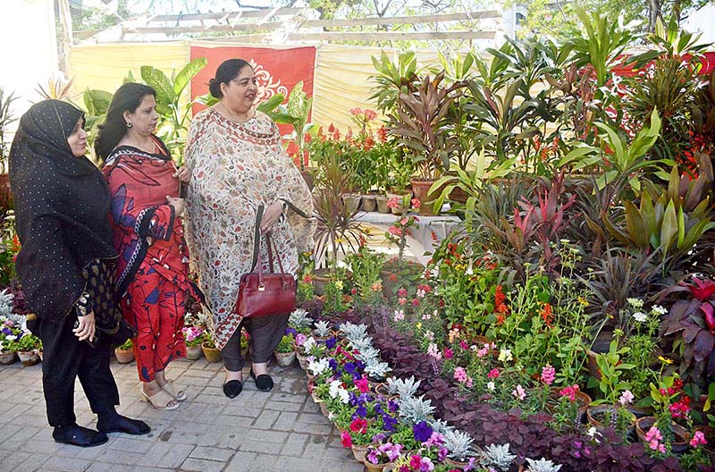 Women viewing two-day Flower Show organized by Karachi Press Club in collaboration with TMC Gulberg