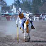 A rider in action during Tent Pegging Championship organized by University of Agriculture Faisalabad (UAF) at its Sports Ground in connection of Spring Festival celebrations