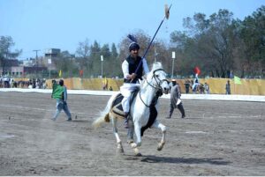 A rider in action during Tent Pegging Championship organized by University of Agriculture Faisalabad (UAF) at its Sports Ground in connection of Spring Festival celebrations
