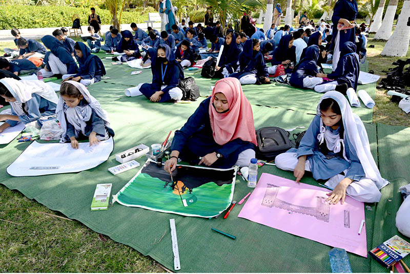 Student participating in Intra –School Arts Competition to celebrate Pakistan Day at Quaid –i-Azam Mazar organized by Government of Pakistan Ministry of Information and Broadcasting Directorate of Electronic Media and Publications (DEMP) Regional Office and Quaid –i-Azam Mazar Management Board (QMMB), National Heritage and Culture Division