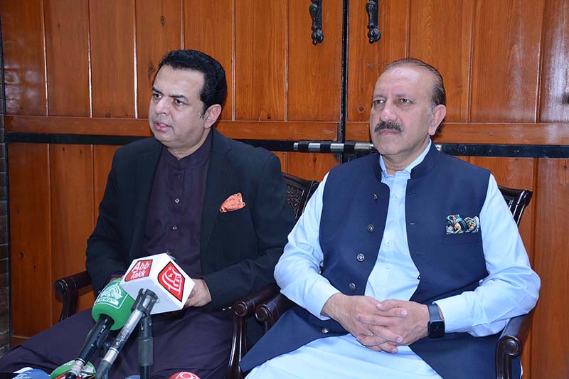 Former State Minister and central leader of Pakistan Muslim League-Nawaz (PMLN) Muhammad Talal Chaudhry addressing a press conference.