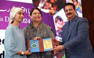 Chairperson National Commission on the Status of Women (NCSW) Nilofar Bakhtiar addressing the award distribution ceremony of Amt ul Raqeeb during National Women Conference in connection with International Women’s Day at National Library.