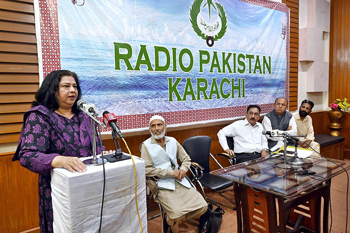 Federal Secretary Information and Broadcasting, Shahera Shahid addresses during visit at Radio Pakistan Building.