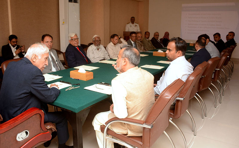 Federal Minister for Maritime Affairs Qaiser Ahmed Sheikh chairing a meeting with the Pakistan Maritime Academy officers during his visit to the PMA.