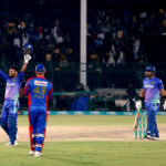 Multan Sultan Usman Khan Celebration century 100 runs during the Pakistan Super League (PSL 9) Twenty20 cricket match between Karachi Kings VS Multan Sultan at the National Cricket Stadium
