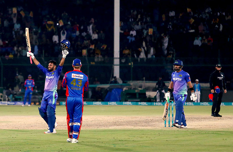 Multan Sultan Usman Khan Celebration century 100 runs during the Pakistan Super League (PSL 9) Twenty20 cricket match between Karachi Kings VS Multan Sultan at the National Cricket Stadium