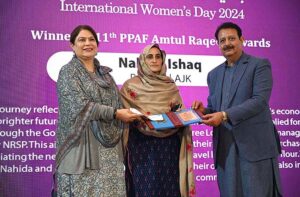 Chairperson National Commission on the Status of Women (NCSW) Nilofar Bakhtiar addressing the award distribution ceremony of Amt ul Raqeeb during National Women Conference in connection with International Women’s Day at National Library.
