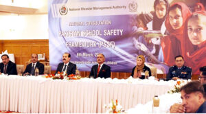 NDMA holds consultation session on Pakistan School Safety Framework at a local hotel.