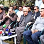 Defense Minister Khawaja Muhammad Asif is addressing to the media at his residence