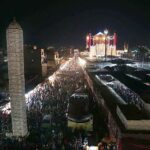 An illuminated view of shrine of Hazrat Lal Shahbaz Qalandar decorated with colourful lights on the occasion of 772nd urs celebrations