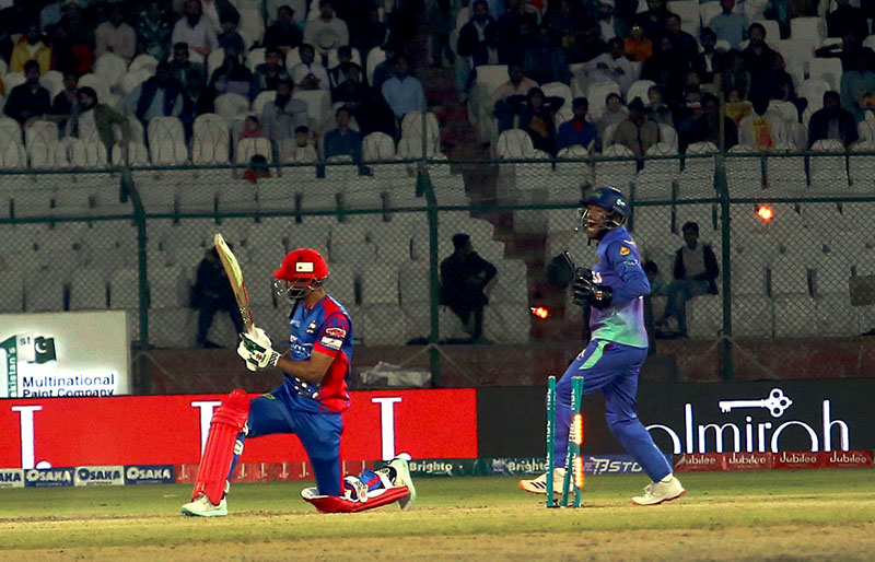 Multan Sultan Usman Khan Celebration century 100 runs during the Pakistan Super League (PSL 9) Twenty20 cricket match between Karachi Kings VS Multan Sultan at the National Cricket Stadium