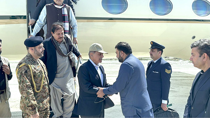 Chief Minister Balochistan, Mir Sarfraz Bugti receiving Prime Minister Muhammad Shehbaz Sharif upon his arrival.