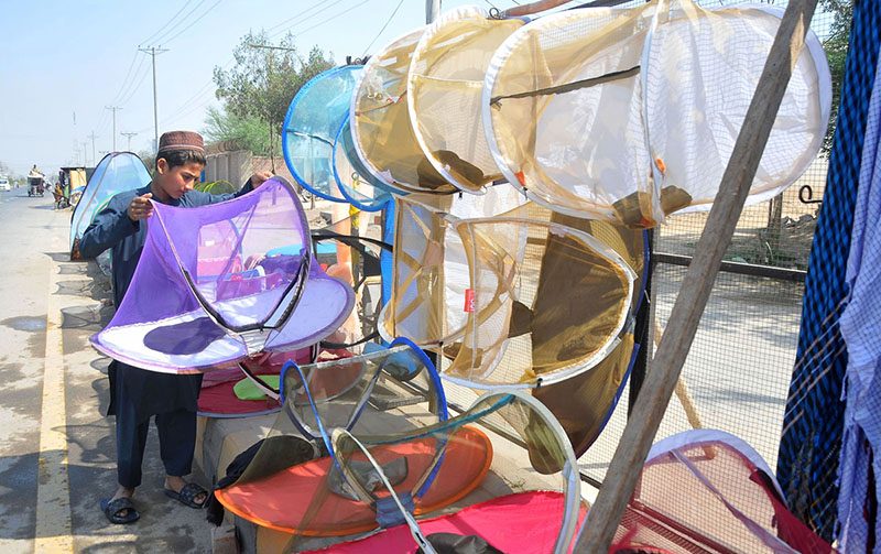 A vendor displaying mosquito net to attract customers at roadside setup.