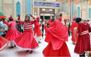 Devotees performing dhamal at the shrine of Hazrat Lal Shahbaz Qalandar on the occasion of 772nd urs celebrations