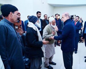 Prime Minister Muhammad Shehbaz Sharif interacting with the families of the deceased and injured in the wake of recent torrential rains and heavy snowfall.
