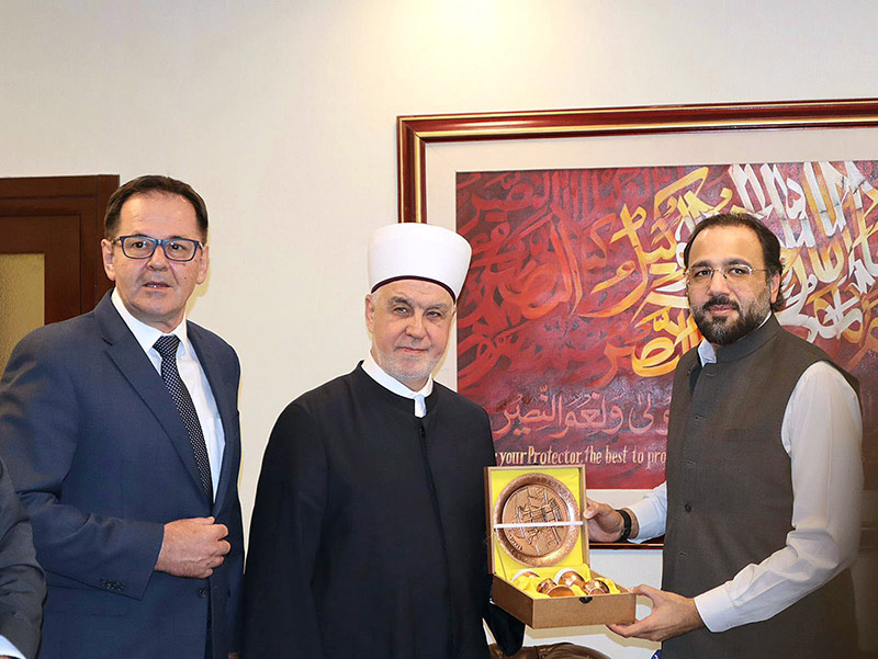 The esteemed Grand Mufti of the Islamic Community of Bosnia and Herzegovina, Dr. Husein ef Kavazovic, calls on the Federal Minister for Overseas Pakistanis and Human Resource Development, Chaudhry Salik Hussain