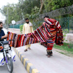 A man is selling handmade carpets of different colors on the roadside