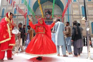 Devotees performing dhamal at the shrine of Hazrat Lal Shahbaz Qalandar on the occasion of 772nd urs celebrations