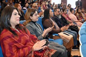 Students performing on stage in drama during National Women Conference in connection with International Women’s Day at National Library.