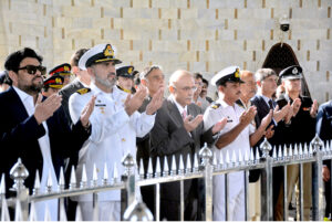 President Asif Ali Zardari offering Dua at the grave of Quaid-e-Azam Muhammad Ali Jinnah. Sindh Governor Kamran Khan Tessori and Sindh CM Syed Murad Ali Shah are also accompanied him