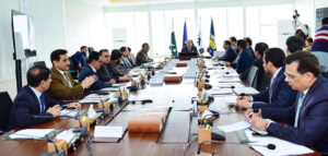 Federal Minister for Finance & Revenue, Muhammad Aurangzeb chairing a meeting during his visit to FBR Headquarters
