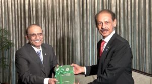 The Auditor General of Pakistan, Mr. Muhammad Ajmal Gondal, presenting the Audit Report of the Federal Government for the Audit Year 2023-24 to President Asif Ali Zardari, at Aiwan-e-Sadr.