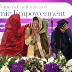 Students performing on stage in drama during National Women Conference in connection with International Women’s Day at National Library.