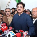 Sindh Chief Minister Syed Murad Ali Shah talking to media persons at Garhi Khuda Bakhsh.
