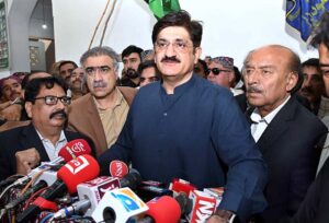 Sindh Chief Minister Syed Murad Ali Shah talking to media persons at Garhi Khuda Bakhsh. 