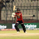 Lahore Qalandars batter Fakhar Zaman plays a shot during the Pakistan Super League (PSL 9) Twenty20 cricket match between Karachi Kings and Lahore Qalandars at the National Stadium